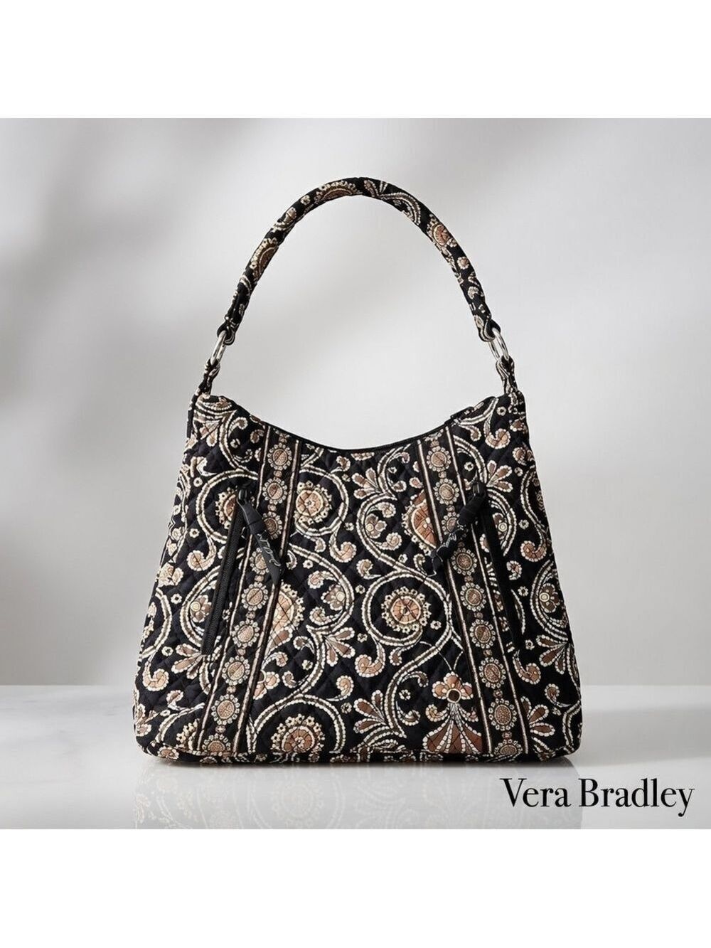 Vera Bradley Black and Tan Quilted Shoulder Hobo Bag